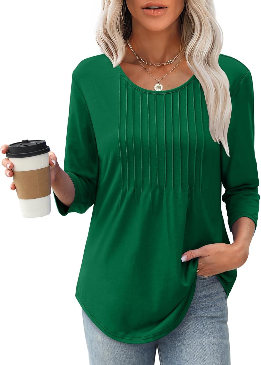 imageXIEERDUO 34 Length Sleeve Tops for Women 2025 Crewneck Casual Pleated Tunic Tops Loose Fit Shirts BlousesAgreen