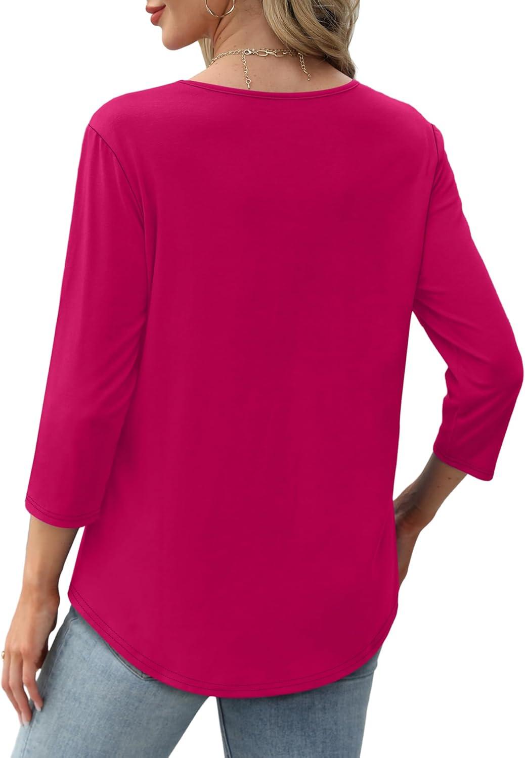 imageXIEERDUO 34 Length Sleeve Tops for Women 2025 Crewneck Casual Pleated Tunic Tops Loose Fit Shirts BlousesAhot Pink