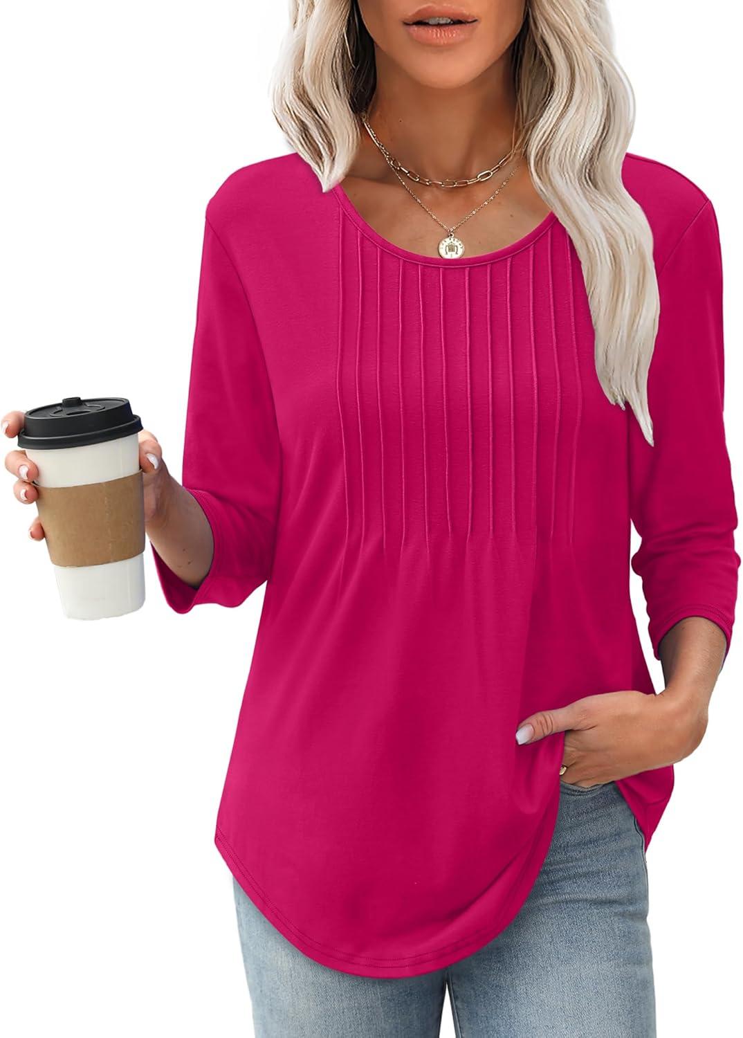 imageXIEERDUO 34 Length Sleeve Tops for Women 2025 Crewneck Casual Pleated Tunic Tops Loose Fit Shirts BlousesAhot Pink