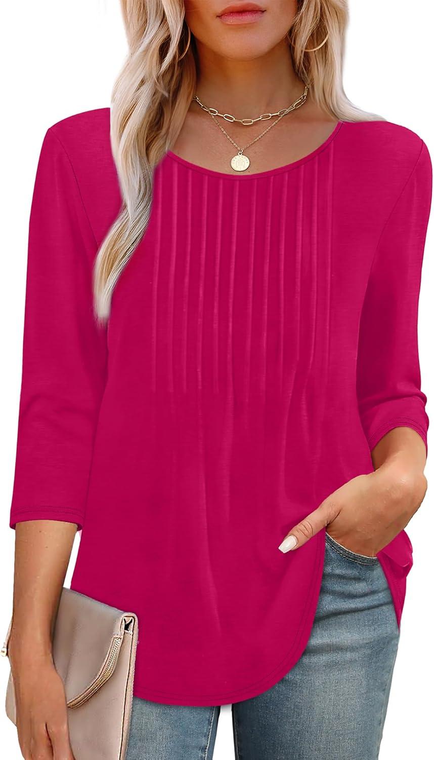 imageXIEERDUO 34 Length Sleeve Tops for Women 2025 Crewneck Casual Pleated Tunic Tops Loose Fit Shirts BlousesAhot Pink