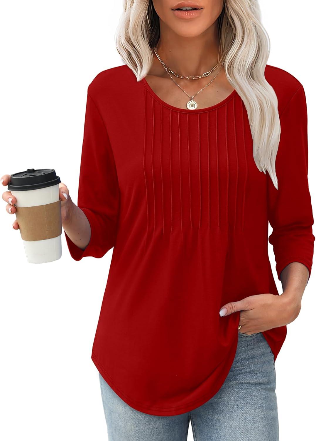imageXIEERDUO 34 Length Sleeve Tops for Women 2025 Crewneck Casual Pleated Tunic Tops Loose Fit Shirts BlousesAred