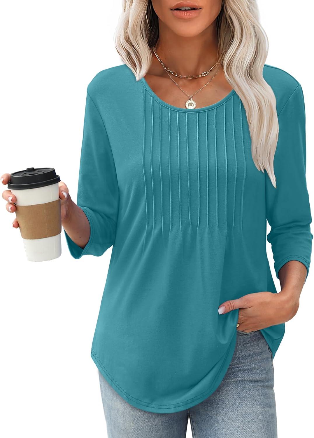 imageXIEERDUO 34 Length Sleeve Tops for Women 2025 Crewneck Casual Pleated Tunic Tops Loose Fit Shirts BlousesAturquoise