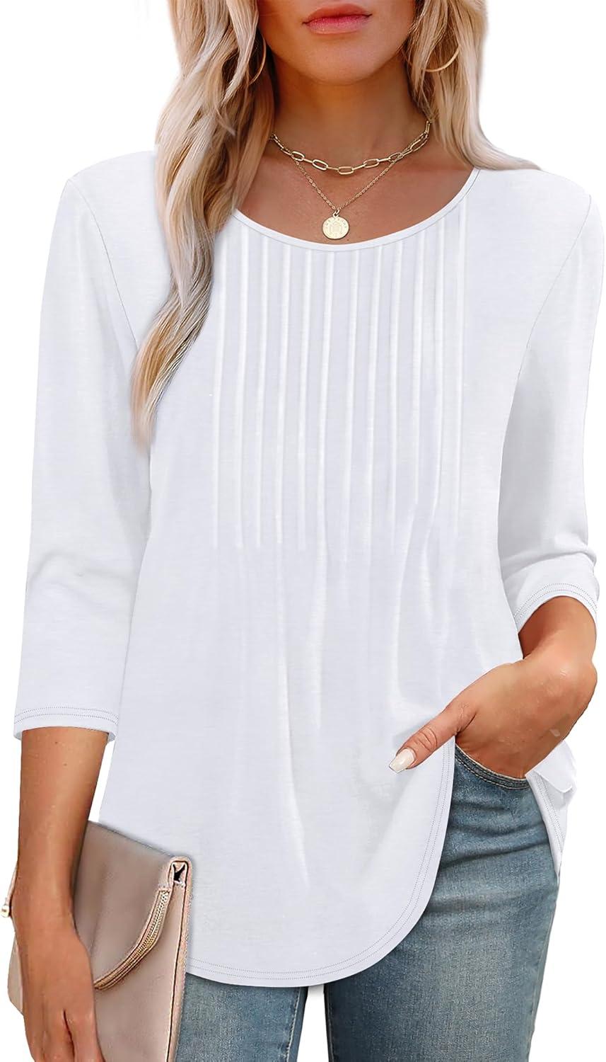 imageXIEERDUO 34 Length Sleeve Tops for Women 2025 Crewneck Casual Pleated Tunic Tops Loose Fit Shirts BlousesAwhite