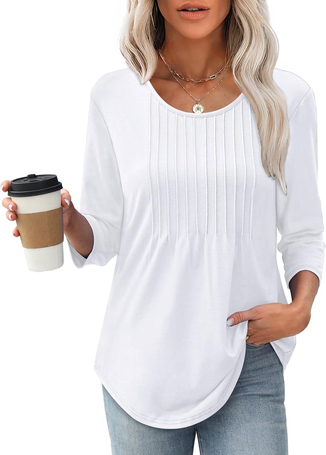 imageXIEERDUO 34 Length Sleeve Tops for Women 2025 Crewneck Casual Pleated Tunic Tops Loose Fit Shirts BlousesAwhite