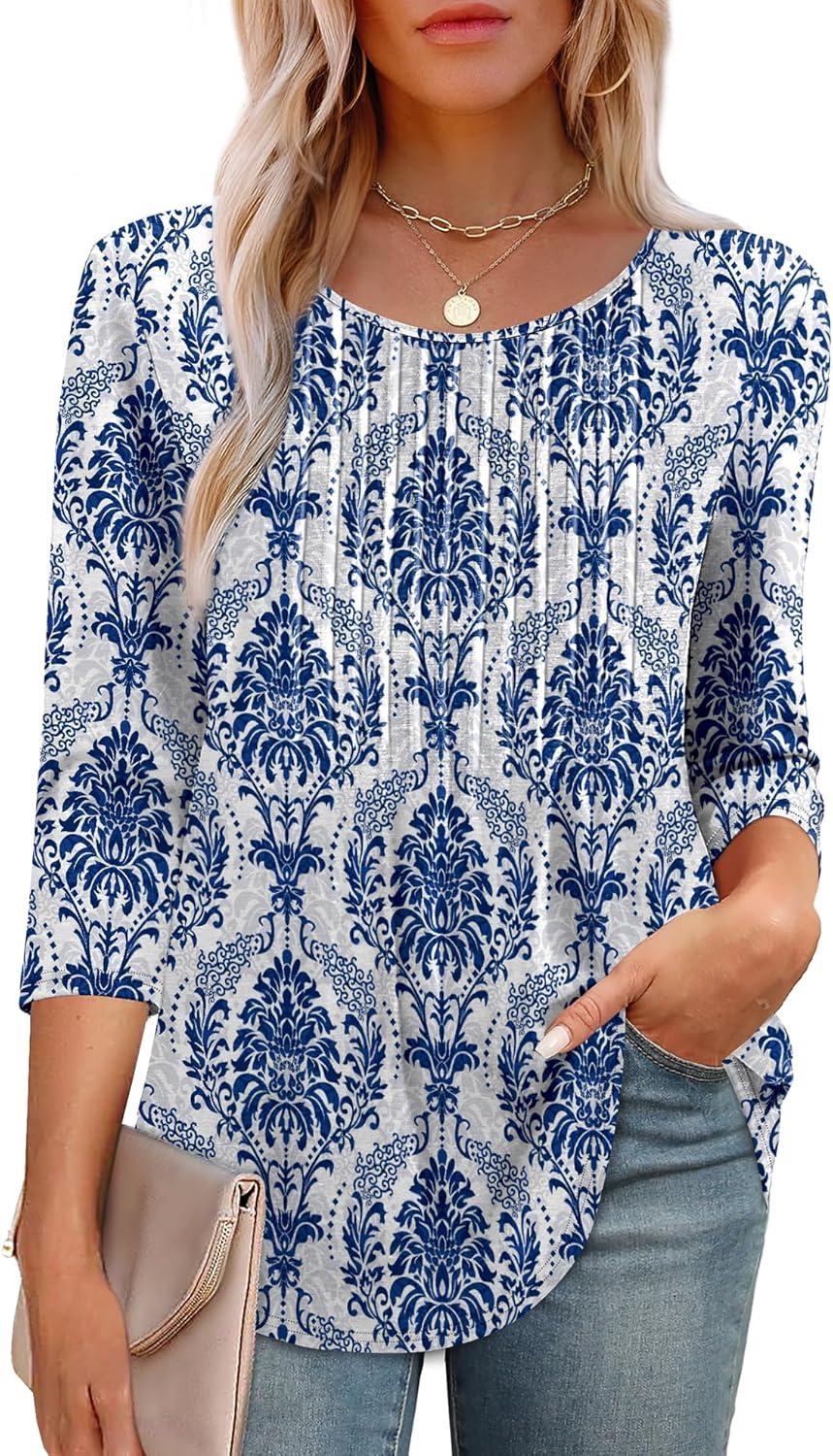 imageXIEERDUO 34 Length Sleeve Tops for Women 2025 Crewneck Casual Pleated Tunic Tops Loose Fit Shirts BlousesFbeige Blue Ethnic