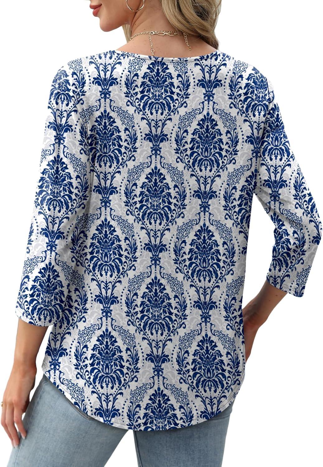 imageXIEERDUO 34 Length Sleeve Tops for Women 2025 Crewneck Casual Pleated Tunic Tops Loose Fit Shirts BlousesFbeige Blue Ethnic