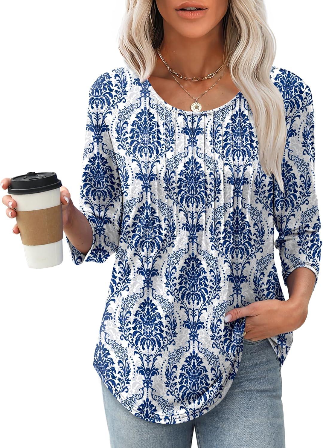 imageXIEERDUO 34 Length Sleeve Tops for Women 2025 Crewneck Casual Pleated Tunic Tops Loose Fit Shirts BlousesFbeige Blue Ethnic