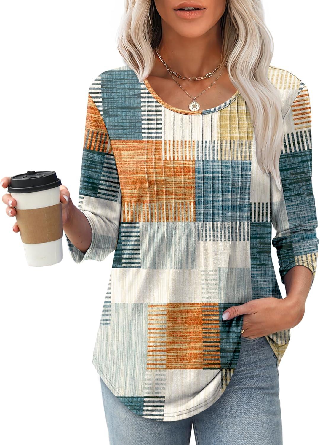 imageXIEERDUO 34 Length Sleeve Tops for Women 2025 Crewneck Casual Pleated Tunic Tops Loose Fit Shirts BlousesFbeige Brown Grid