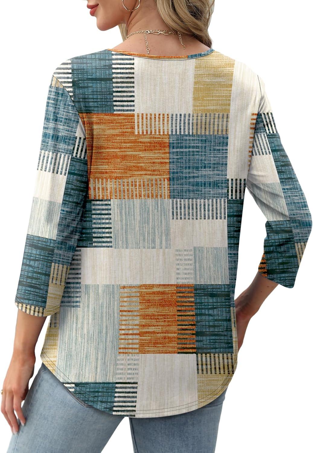 imageXIEERDUO 34 Length Sleeve Tops for Women 2025 Crewneck Casual Pleated Tunic Tops Loose Fit Shirts BlousesFbeige Brown Grid