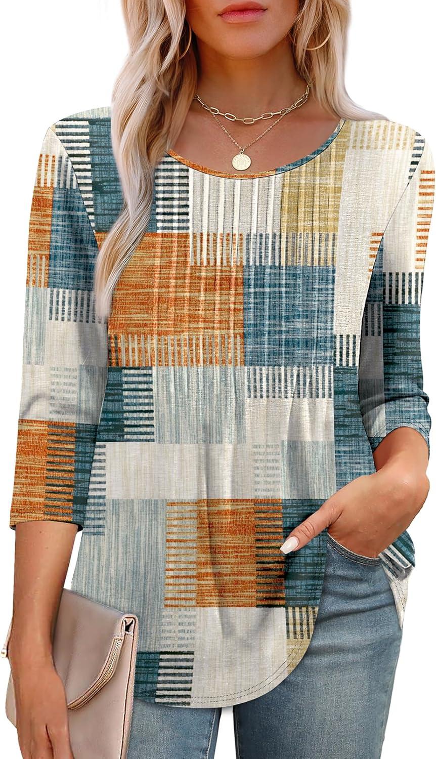 imageXIEERDUO 34 Length Sleeve Tops for Women 2025 Crewneck Casual Pleated Tunic Tops Loose Fit Shirts BlousesFbeige Brown Grid