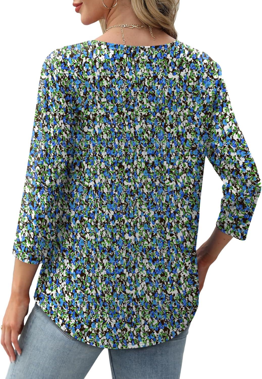 imageXIEERDUO 34 Length Sleeve Tops for Women 2025 Crewneck Casual Pleated Tunic Tops Loose Fit Shirts BlousesFblue Floral