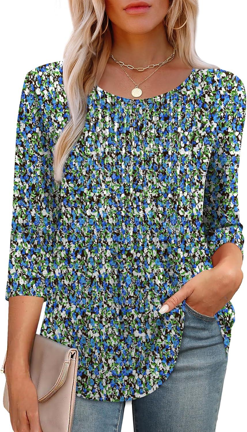 imageXIEERDUO 34 Length Sleeve Tops for Women 2025 Crewneck Casual Pleated Tunic Tops Loose Fit Shirts BlousesFblue Floral