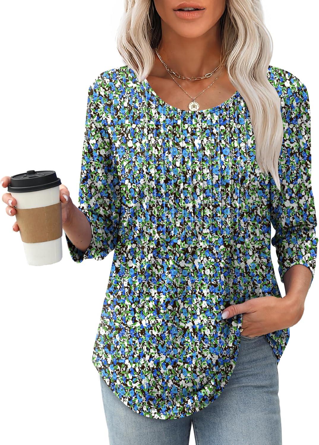 imageXIEERDUO 34 Length Sleeve Tops for Women 2025 Crewneck Casual Pleated Tunic Tops Loose Fit Shirts BlousesFblue Floral