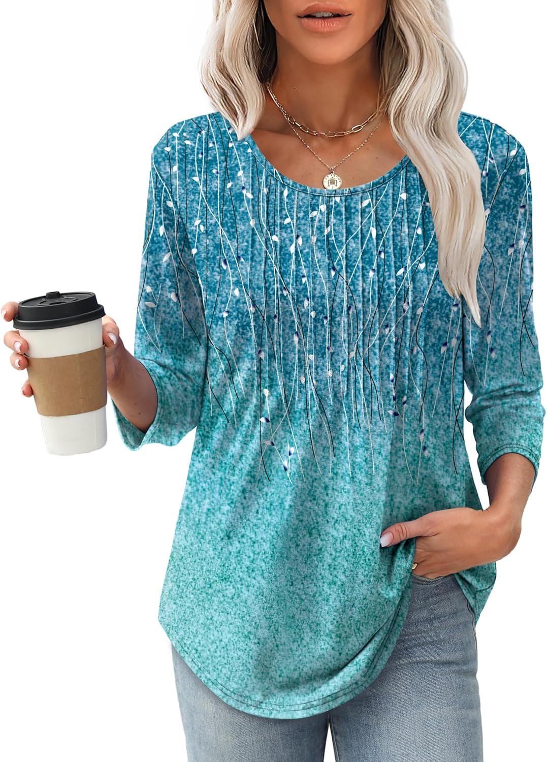 imageXIEERDUO 34 Length Sleeve Tops for Women 2025 Crewneck Casual Pleated Tunic Tops Loose Fit Shirts BlousesFblue Gradient