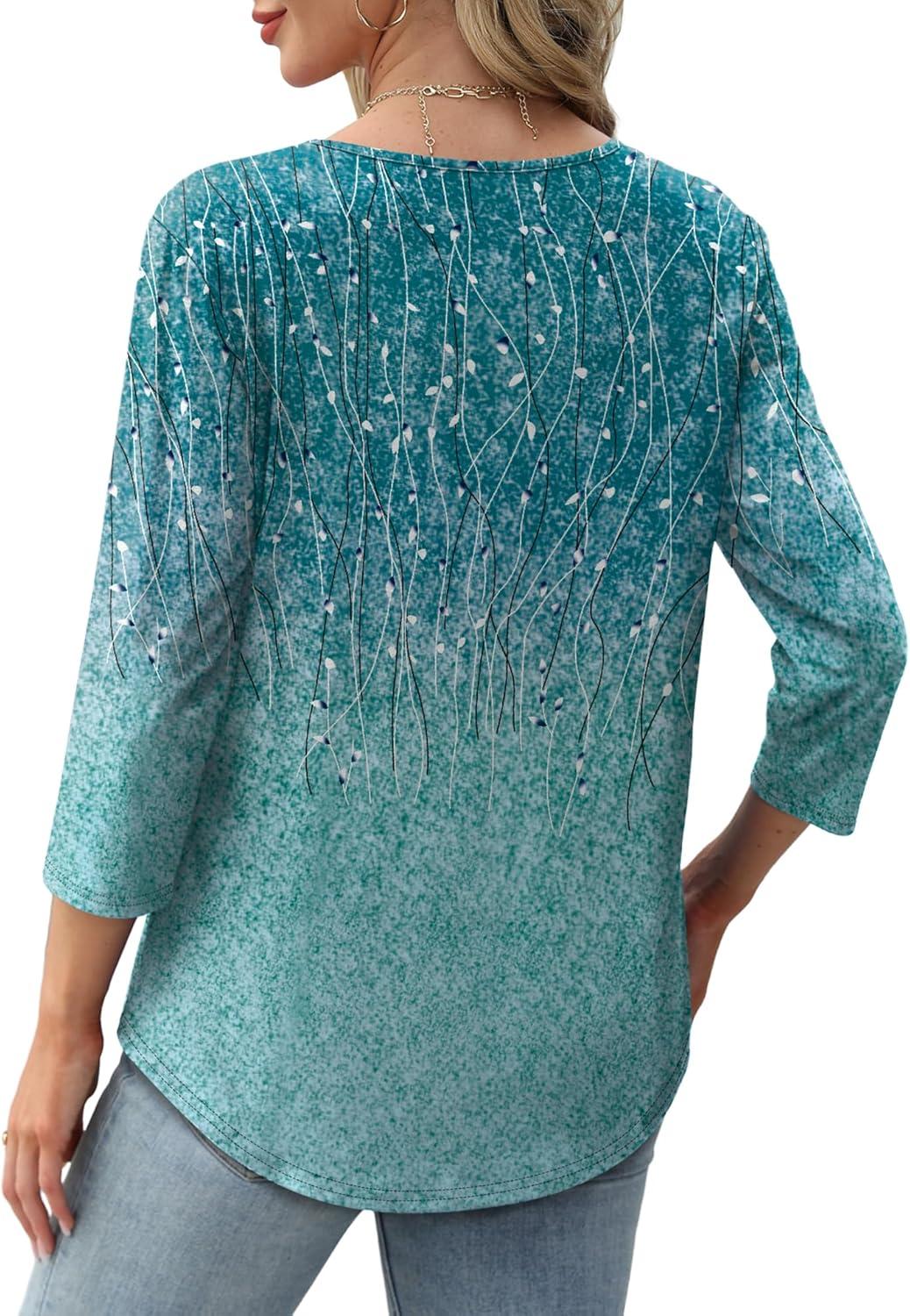 imageXIEERDUO 34 Length Sleeve Tops for Women 2025 Crewneck Casual Pleated Tunic Tops Loose Fit Shirts BlousesFblue Gradient