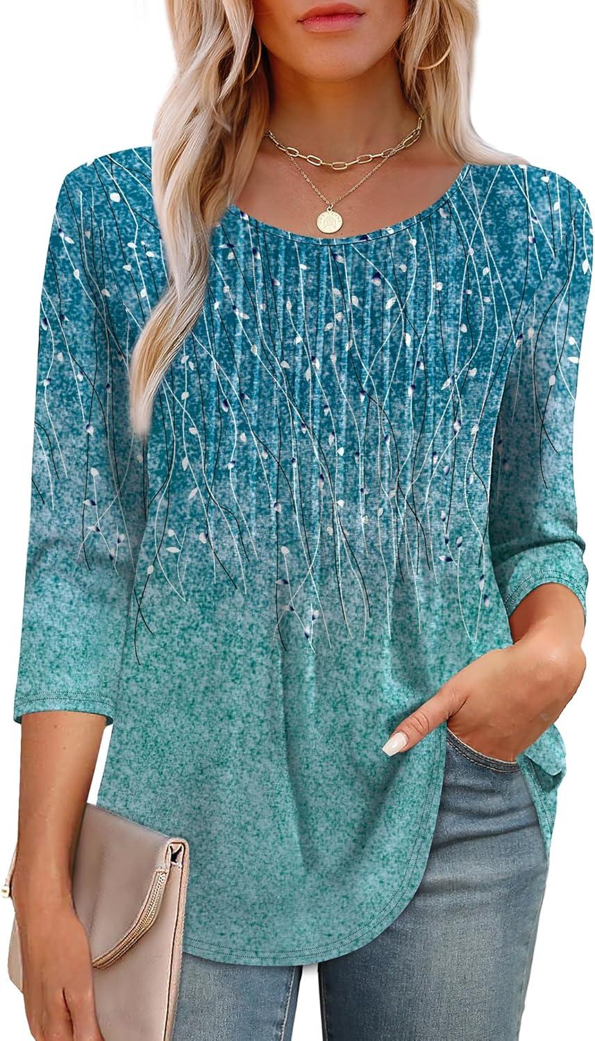 imageXIEERDUO 34 Length Sleeve Tops for Women 2025 Crewneck Casual Pleated Tunic Tops Loose Fit Shirts BlousesFblue Gradient