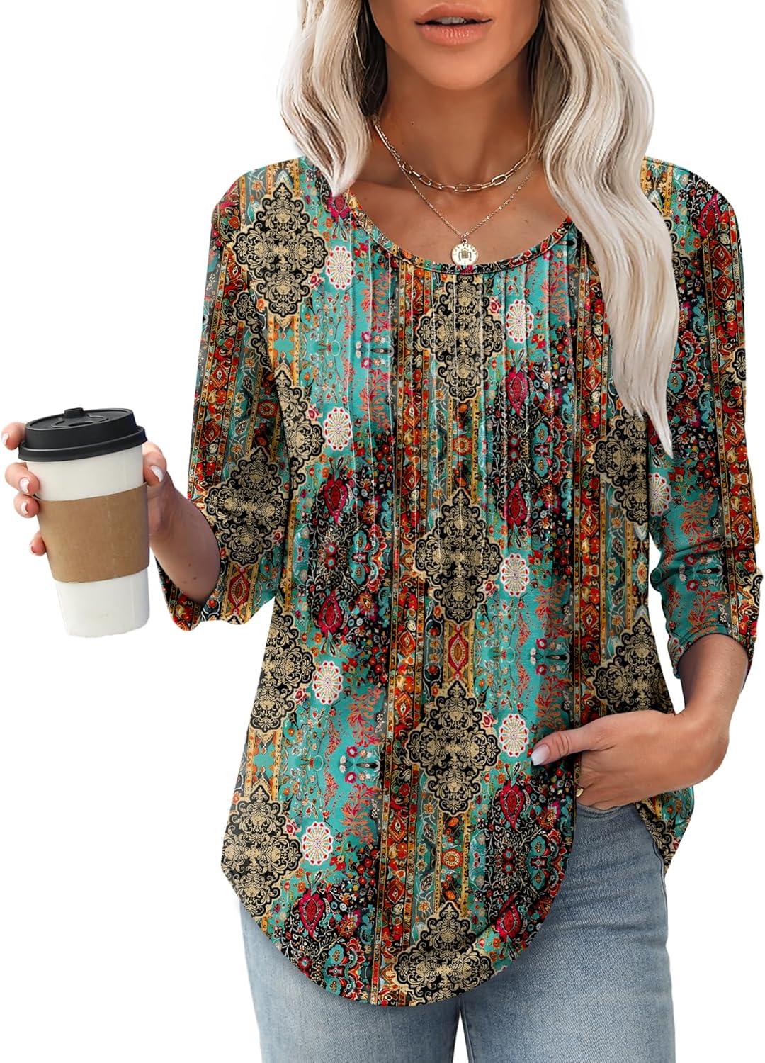 imageXIEERDUO 34 Length Sleeve Tops for Women 2025 Crewneck Casual Pleated Tunic Tops Loose Fit Shirts BlousesFblue Orange Print