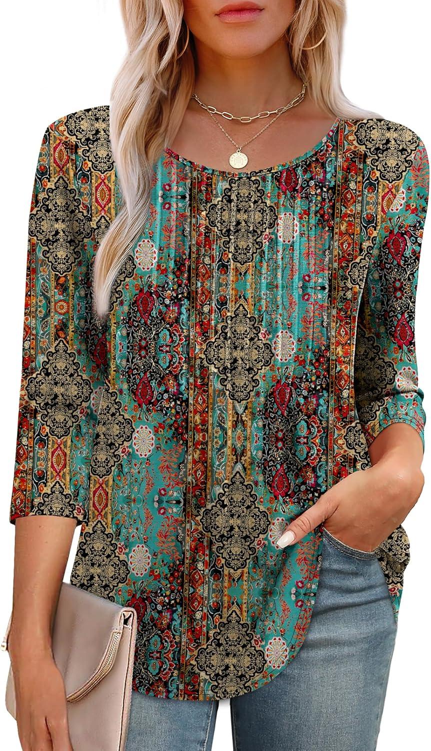 imageXIEERDUO 34 Length Sleeve Tops for Women 2025 Crewneck Casual Pleated Tunic Tops Loose Fit Shirts BlousesFblue Orange Print