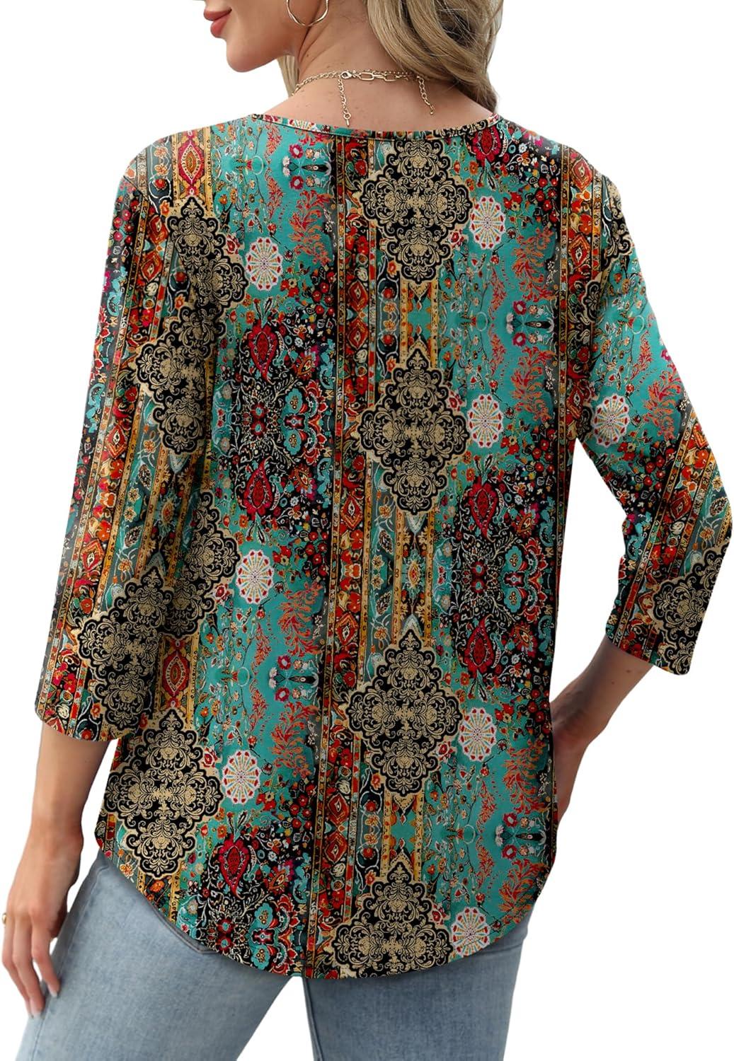 imageXIEERDUO 34 Length Sleeve Tops for Women 2025 Crewneck Casual Pleated Tunic Tops Loose Fit Shirts BlousesFblue Orange Print