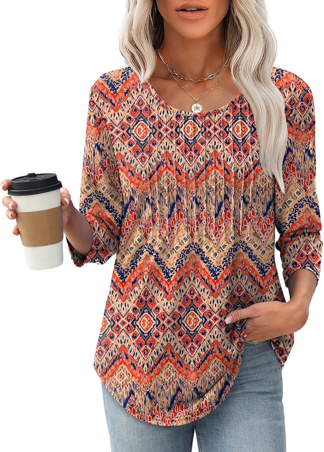 imageXIEERDUO 34 Length Sleeve Tops for Women 2025 Crewneck Casual Pleated Tunic Tops Loose Fit Shirts BlousesFboho