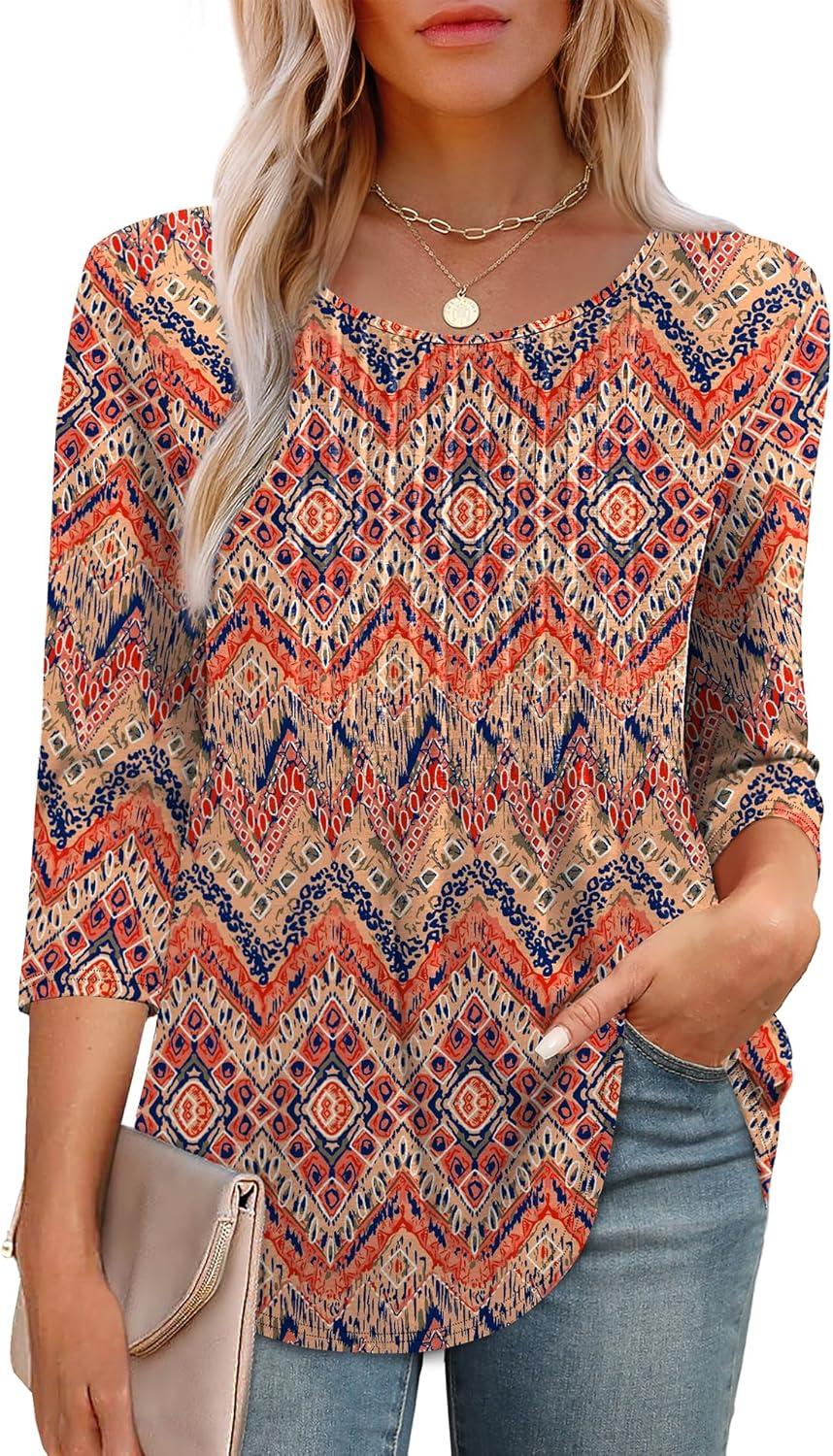 imageXIEERDUO 34 Length Sleeve Tops for Women 2025 Crewneck Casual Pleated Tunic Tops Loose Fit Shirts BlousesFboho