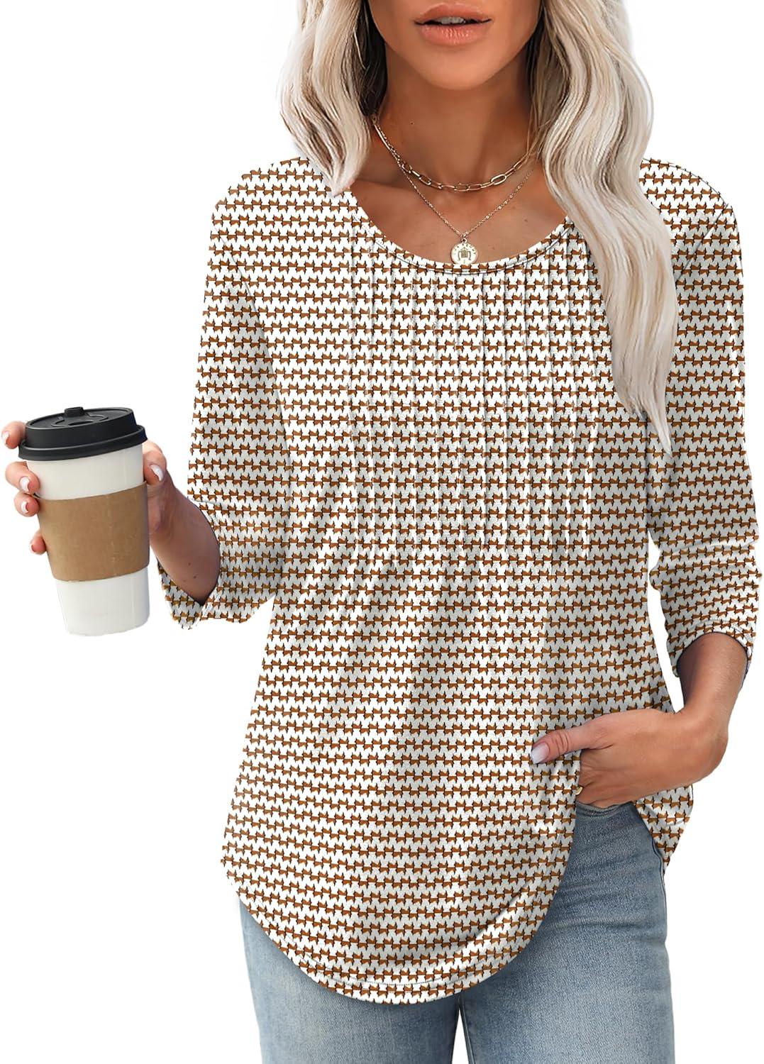 imageXIEERDUO 34 Length Sleeve Tops for Women 2025 Crewneck Casual Pleated Tunic Tops Loose Fit Shirts BlousesFbrown Stripe