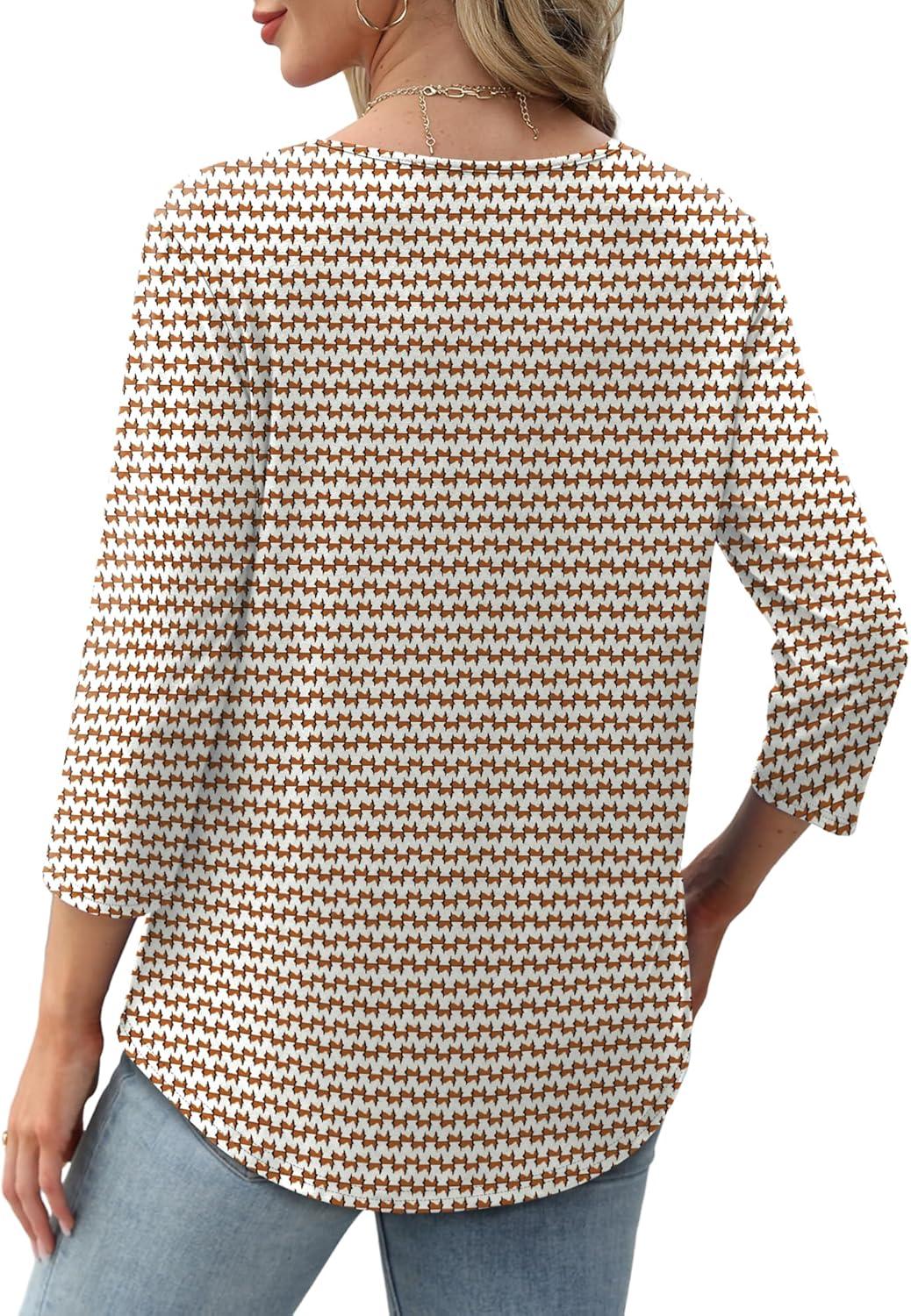 imageXIEERDUO 34 Length Sleeve Tops for Women 2025 Crewneck Casual Pleated Tunic Tops Loose Fit Shirts BlousesFbrown Stripe