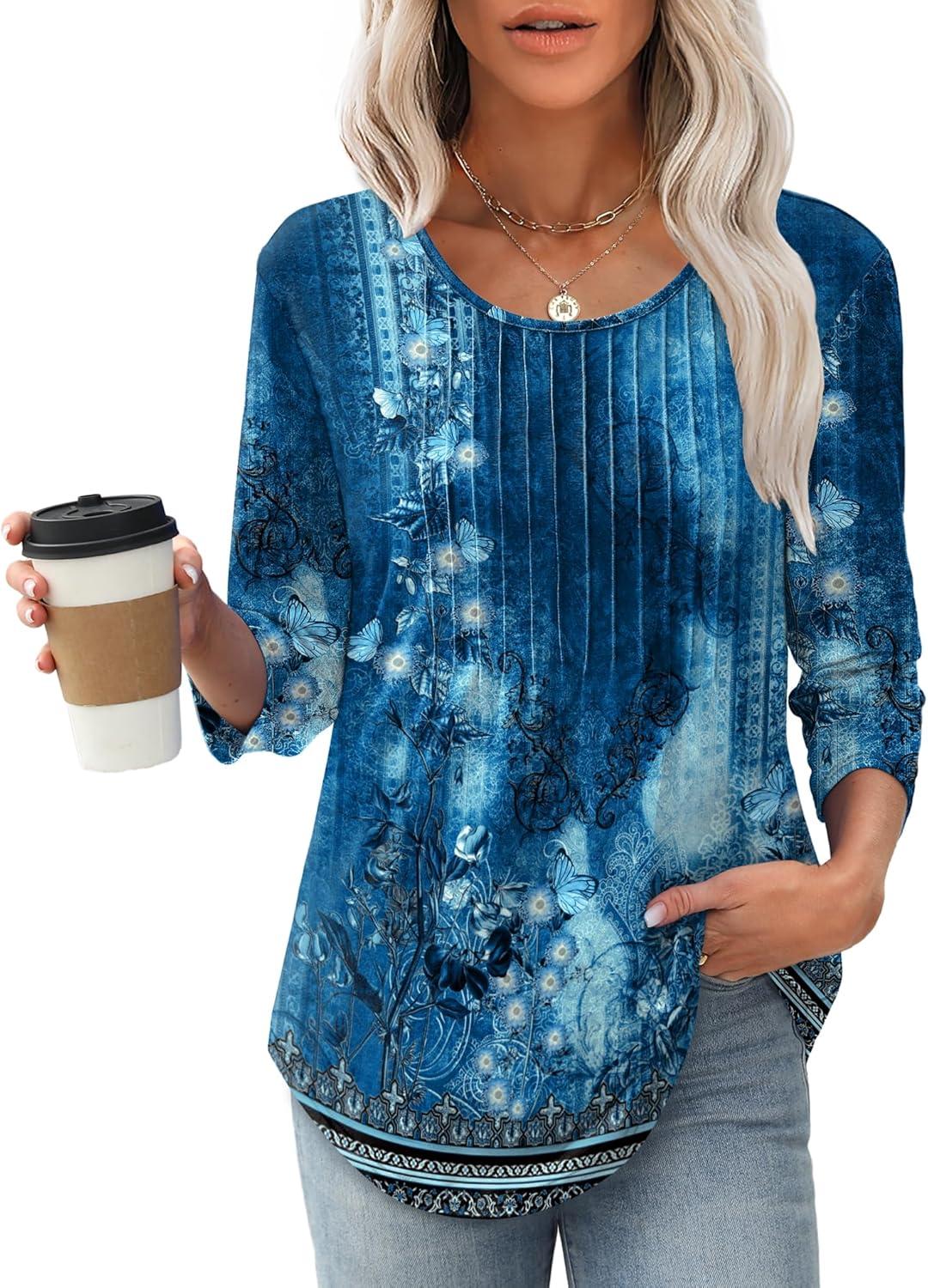 imageXIEERDUO 34 Length Sleeve Tops for Women 2025 Crewneck Casual Pleated Tunic Tops Loose Fit Shirts BlousesFdark Blue Floral