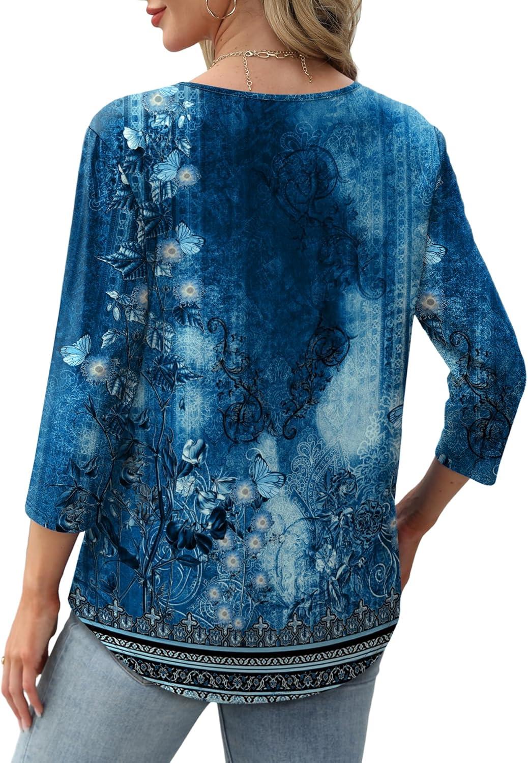 imageXIEERDUO 34 Length Sleeve Tops for Women 2025 Crewneck Casual Pleated Tunic Tops Loose Fit Shirts BlousesFdark Blue Floral