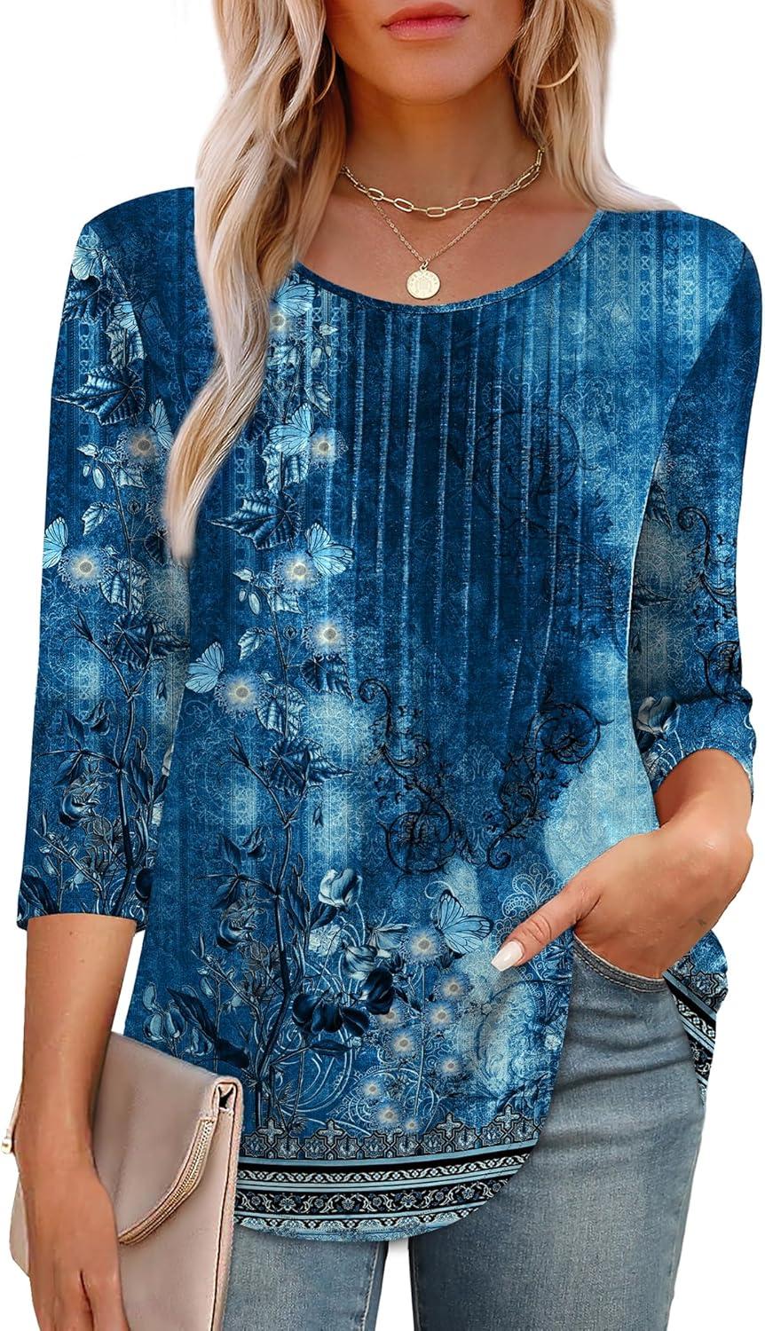 imageXIEERDUO 34 Length Sleeve Tops for Women 2025 Crewneck Casual Pleated Tunic Tops Loose Fit Shirts BlousesFdark Blue Floral