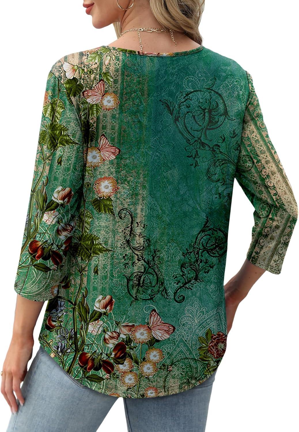 imageXIEERDUO 34 Length Sleeve Tops for Women 2025 Crewneck Casual Pleated Tunic Tops Loose Fit Shirts BlousesFgreen Floral