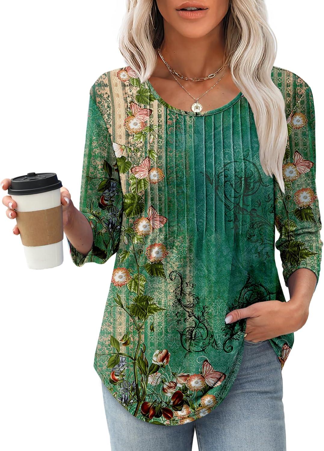imageXIEERDUO 34 Length Sleeve Tops for Women 2025 Crewneck Casual Pleated Tunic Tops Loose Fit Shirts BlousesFgreen Floral