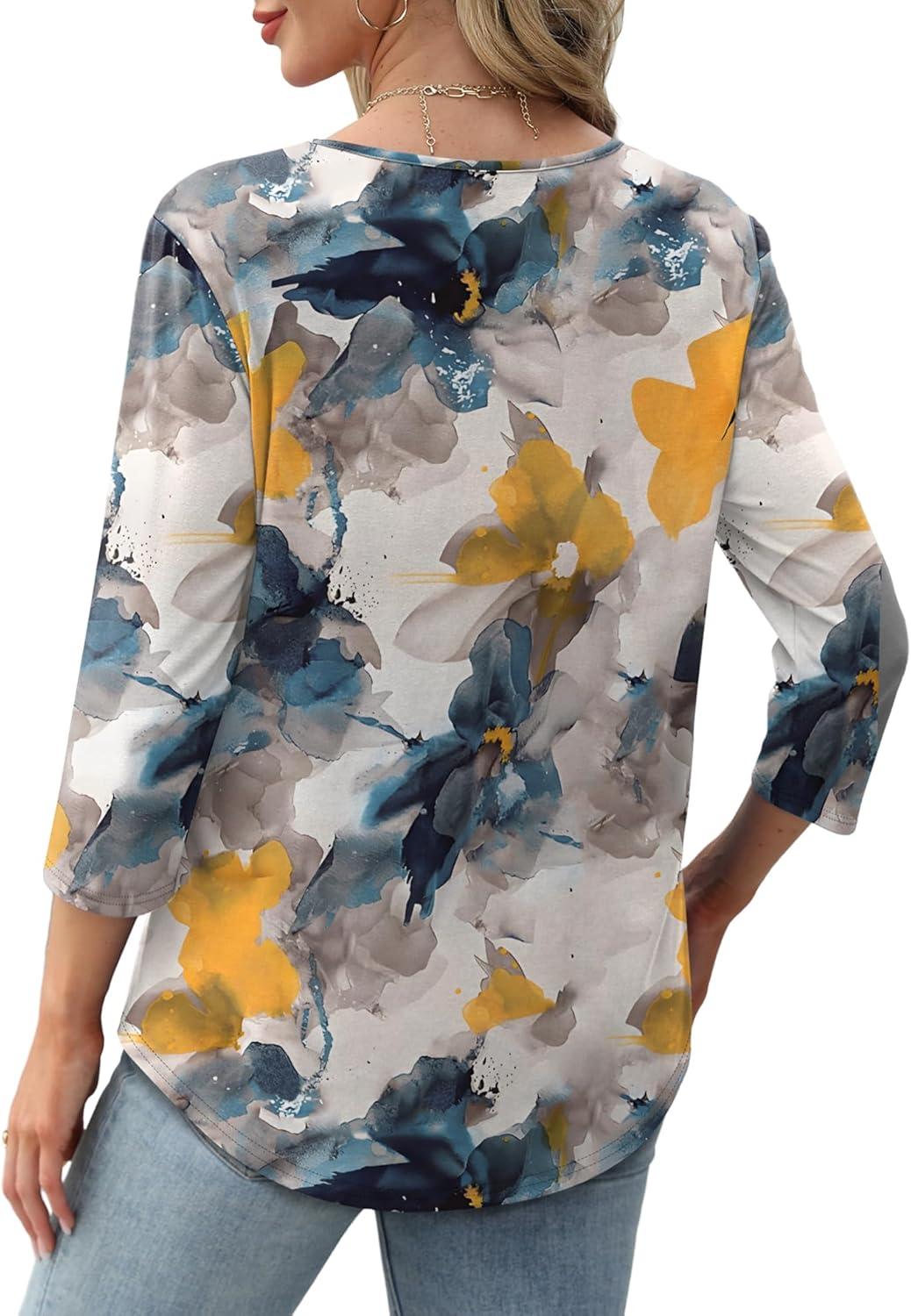 imageXIEERDUO 34 Length Sleeve Tops for Women 2025 Crewneck Casual Pleated Tunic Tops Loose Fit Shirts BlousesFink Floral