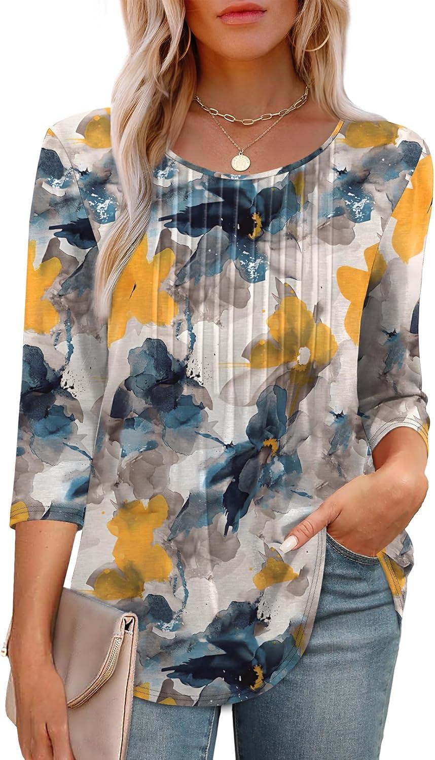 imageXIEERDUO 34 Length Sleeve Tops for Women 2025 Crewneck Casual Pleated Tunic Tops Loose Fit Shirts BlousesFink Floral