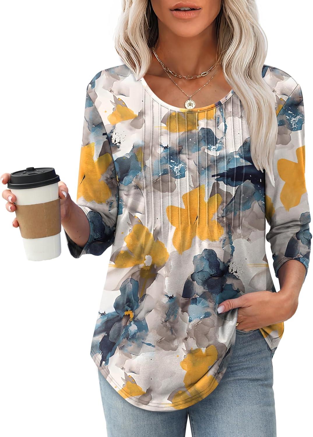 imageXIEERDUO 34 Length Sleeve Tops for Women 2025 Crewneck Casual Pleated Tunic Tops Loose Fit Shirts BlousesFink Floral