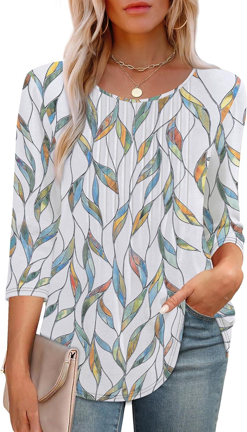 imageXIEERDUO 34 Length Sleeve Tops for Women 2025 Crewneck Casual Pleated Tunic Tops Loose Fit Shirts BlousesFleaf