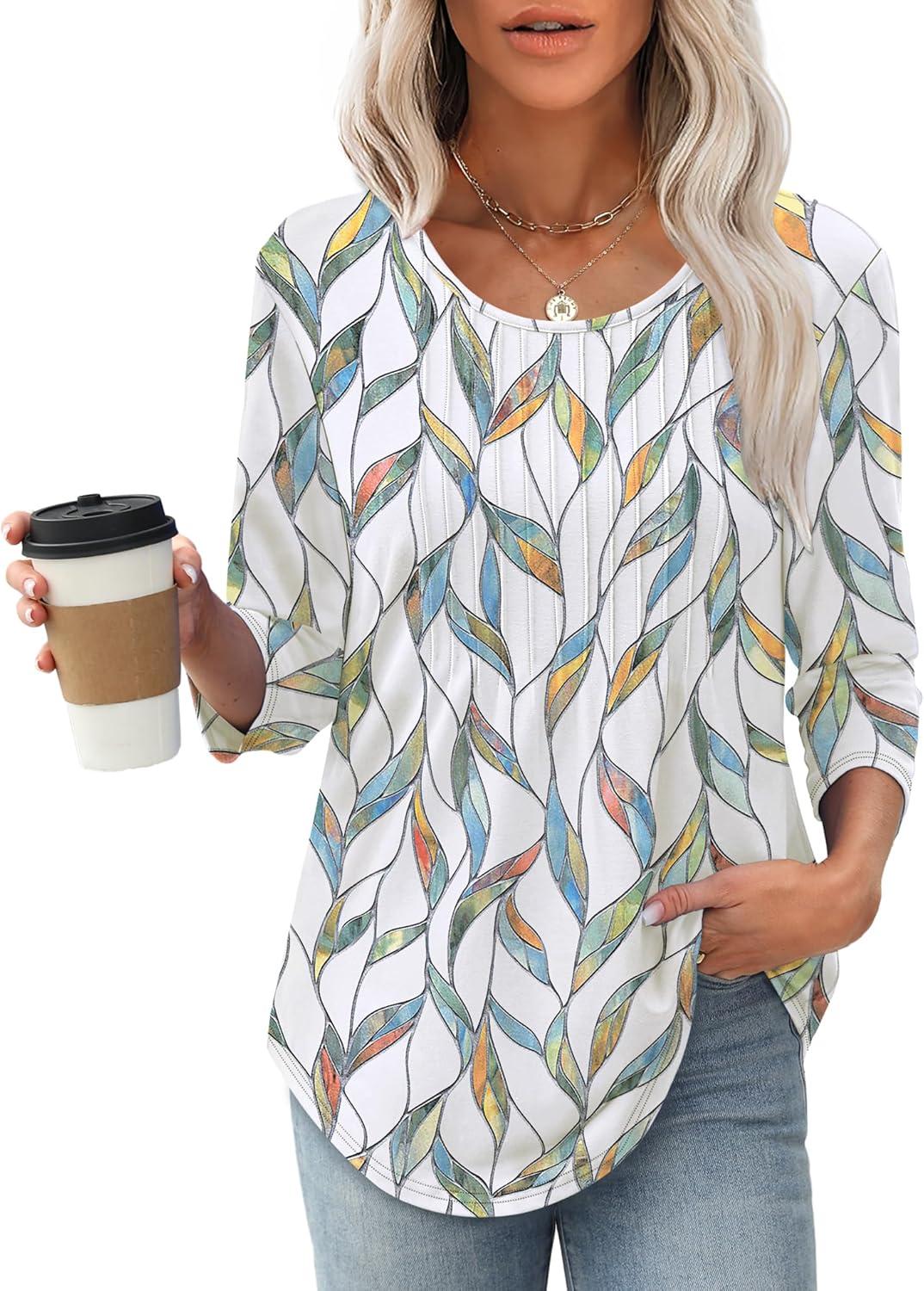 imageXIEERDUO 34 Length Sleeve Tops for Women 2025 Crewneck Casual Pleated Tunic Tops Loose Fit Shirts BlousesFleaf