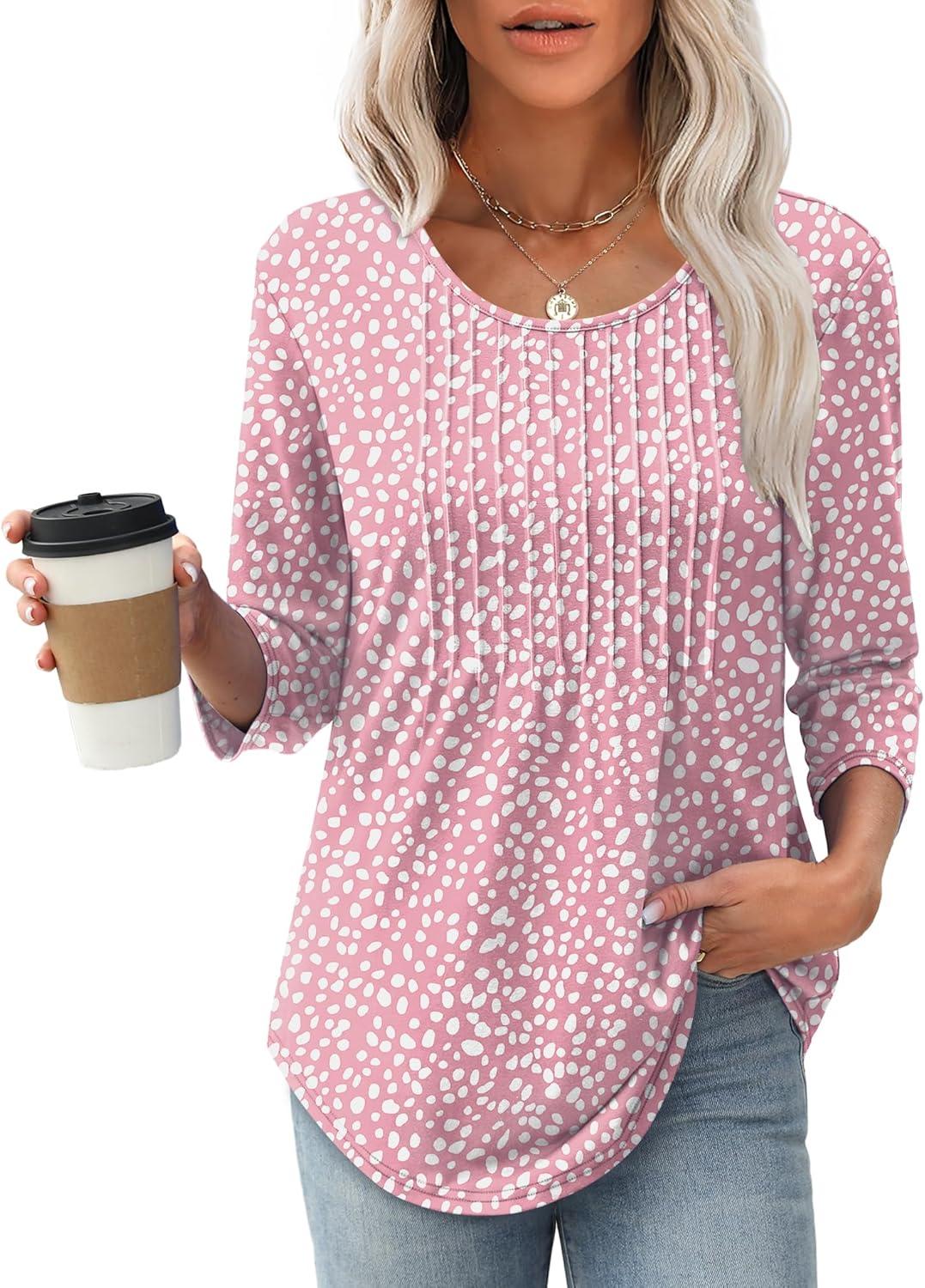 imageXIEERDUO 34 Length Sleeve Tops for Women 2025 Crewneck Casual Pleated Tunic Tops Loose Fit Shirts BlousesFpink Leopard