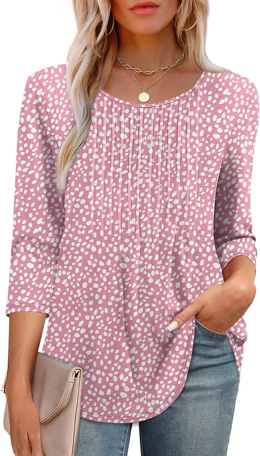 imageXIEERDUO 34 Length Sleeve Tops for Women 2025 Crewneck Casual Pleated Tunic Tops Loose Fit Shirts BlousesFpink Leopard