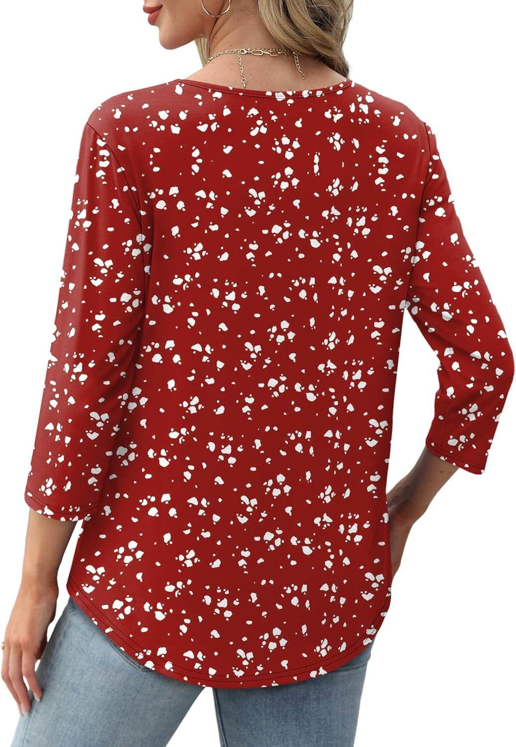 imageXIEERDUO 34 Length Sleeve Tops for Women 2025 Crewneck Casual Pleated Tunic Tops Loose Fit Shirts BlousesFspotted Red