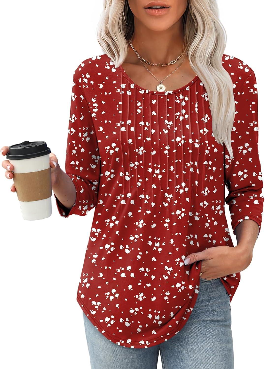 imageXIEERDUO 34 Length Sleeve Tops for Women 2025 Crewneck Casual Pleated Tunic Tops Loose Fit Shirts BlousesFspotted Red