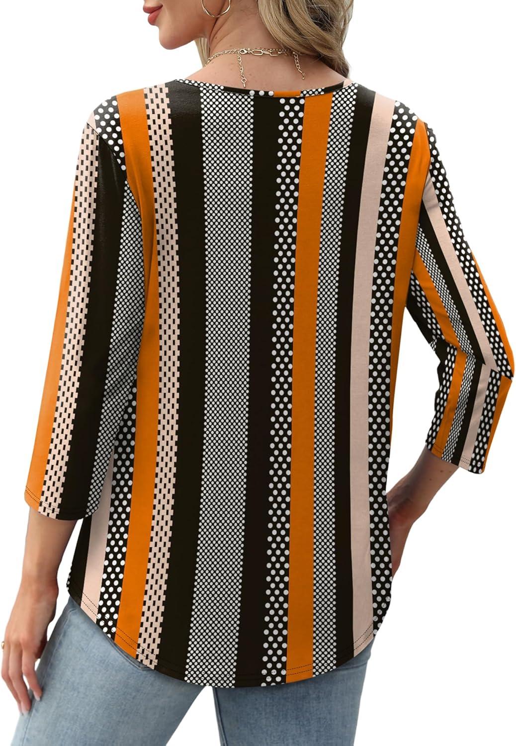 imageXIEERDUO 34 Length Sleeve Tops for Women 2025 Crewneck Casual Pleated Tunic Tops Loose Fit Shirts BlousesFstriped Dots