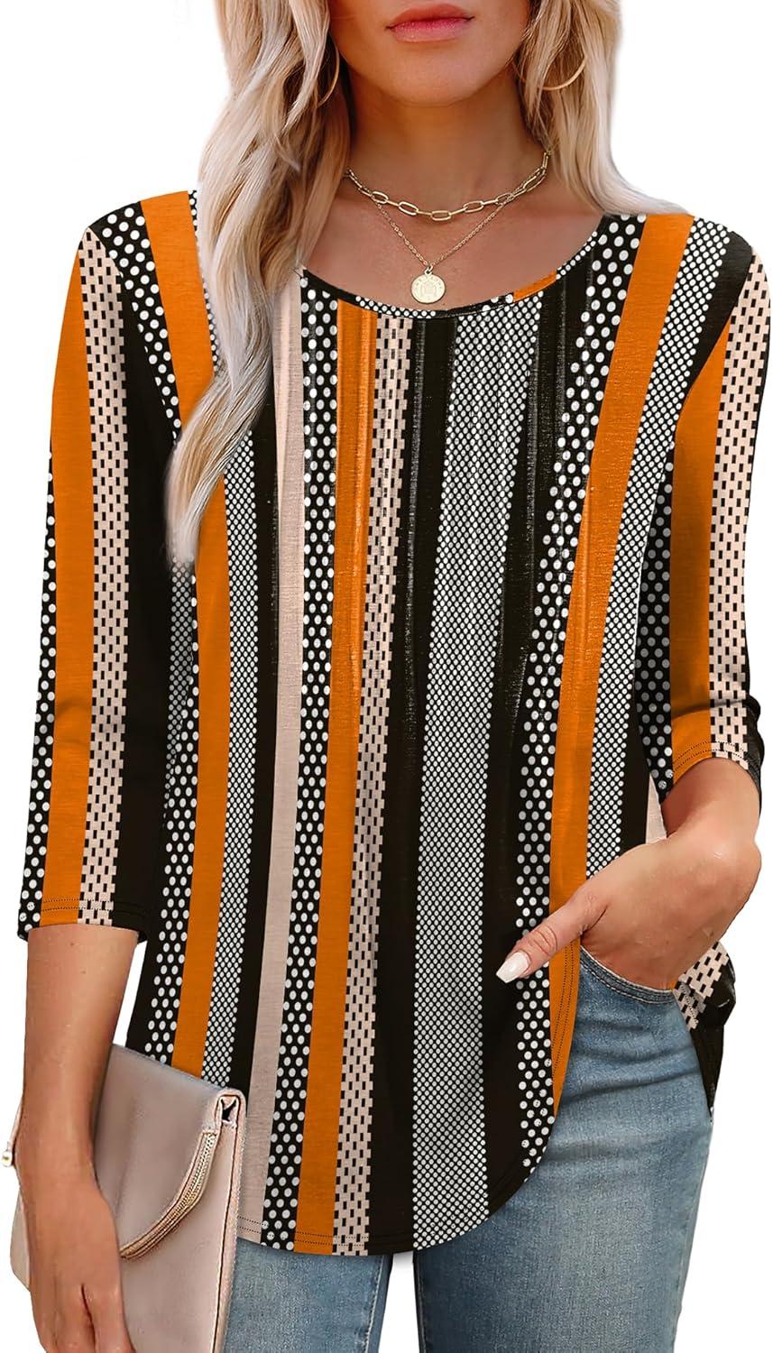 imageXIEERDUO 34 Length Sleeve Tops for Women 2025 Crewneck Casual Pleated Tunic Tops Loose Fit Shirts BlousesFstriped Dots