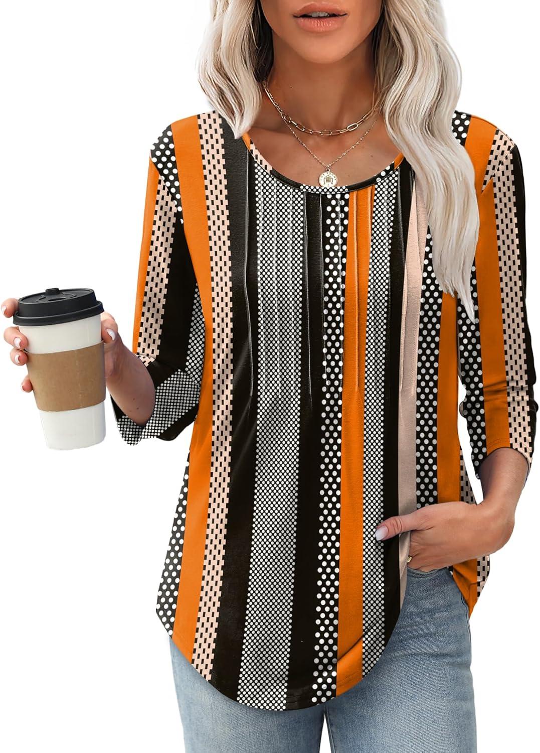 imageXIEERDUO 34 Length Sleeve Tops for Women 2025 Crewneck Casual Pleated Tunic Tops Loose Fit Shirts BlousesFstriped Dots