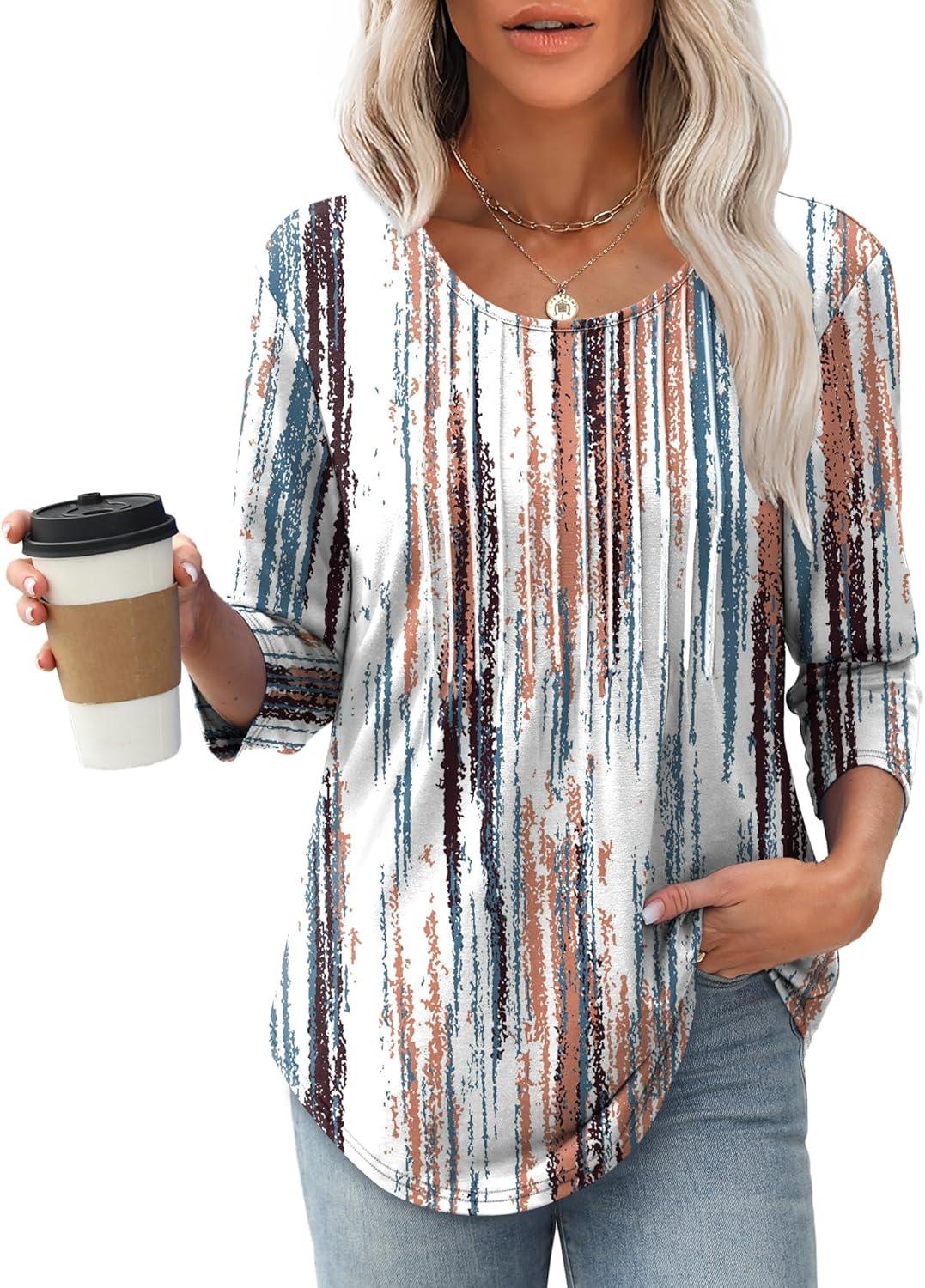 imageXIEERDUO 34 Length Sleeve Tops for Women 2025 Crewneck Casual Pleated Tunic Tops Loose Fit Shirts BlousesFtie Dye