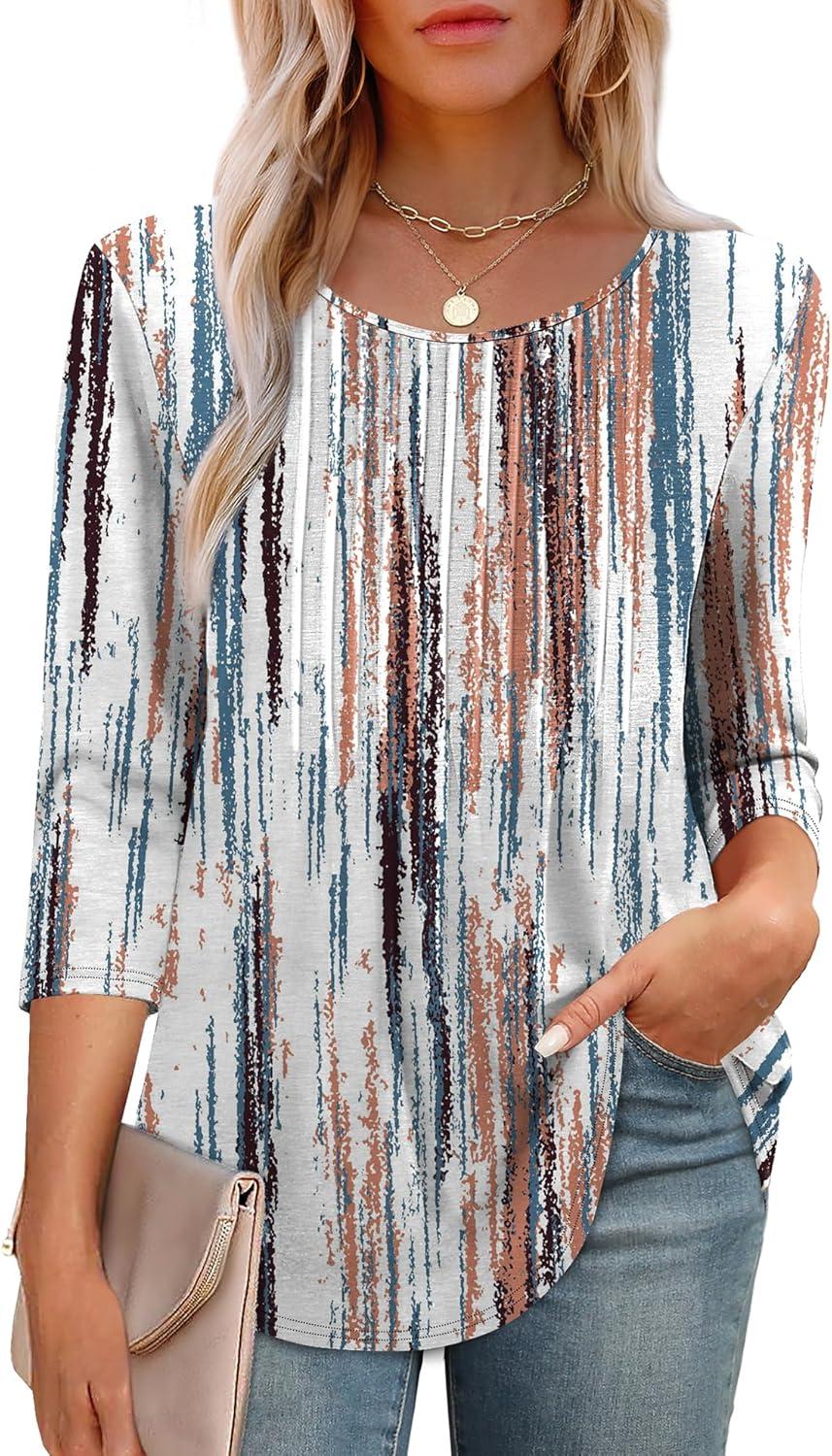 imageXIEERDUO 34 Length Sleeve Tops for Women 2025 Crewneck Casual Pleated Tunic Tops Loose Fit Shirts BlousesFtie Dye