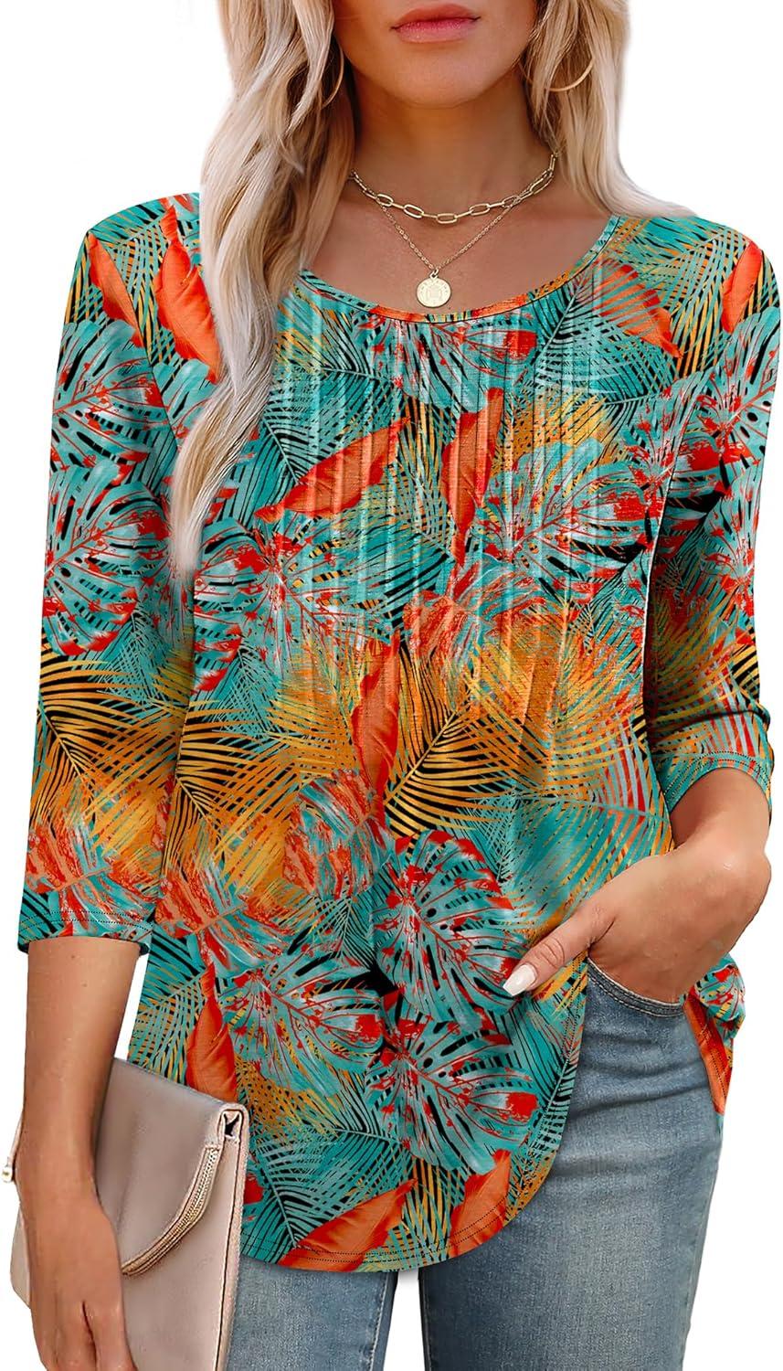 imageXIEERDUO 34 Length Sleeve Tops for Women 2025 Crewneck Casual Pleated Tunic Tops Loose Fit Shirts BlousesFtropical Sunset Grove