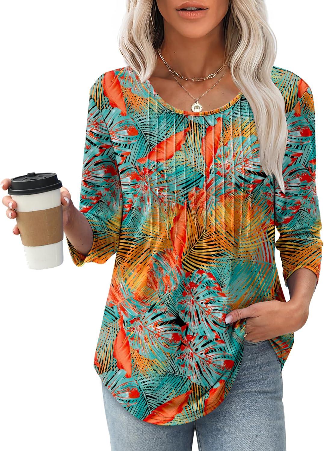 imageXIEERDUO 34 Length Sleeve Tops for Women 2025 Crewneck Casual Pleated Tunic Tops Loose Fit Shirts BlousesFtropical Sunset Grove