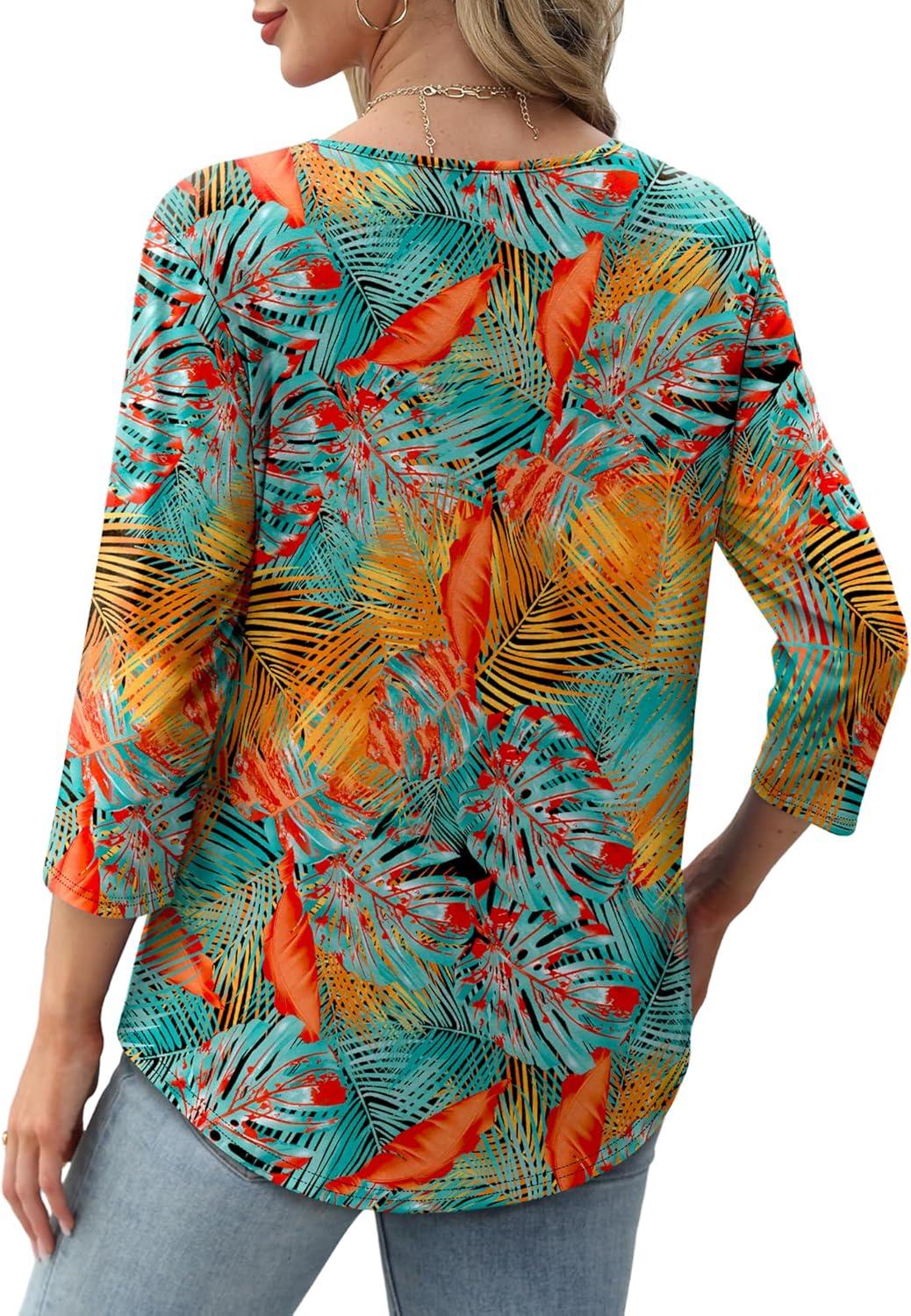 imageXIEERDUO 34 Length Sleeve Tops for Women 2025 Crewneck Casual Pleated Tunic Tops Loose Fit Shirts BlousesFtropical Sunset Grove