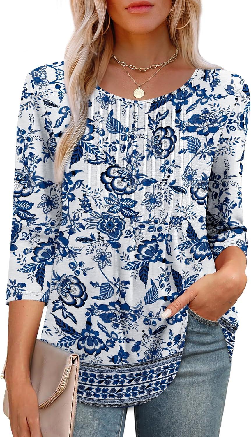 imageXIEERDUO 34 Length Sleeve Tops for Women 2025 Crewneck Casual Pleated Tunic Tops Loose Fit Shirts BlousesFwhite Blue Ethnic